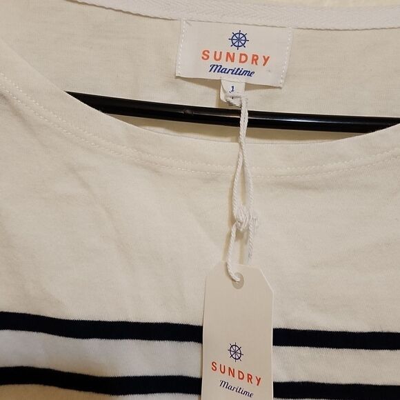 NWT Sundry Maritime Women's Navy Striped Bonjour Nautical 3/4 Sleeve Top - Sz. 1 - Picture 3 of 8